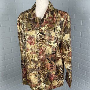 CHICOS Jacket Women 2 Large 12 Gold Red Japanese Floral‎ Trucker Silk Party Boho
